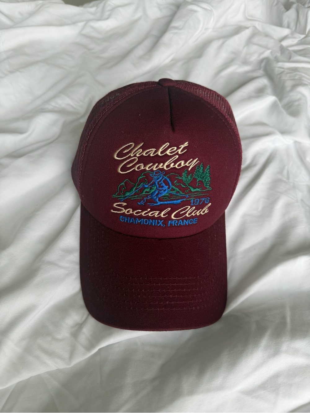 Anthropologie Maroon Chalet Cowboy Embroidered Trucker Hat
